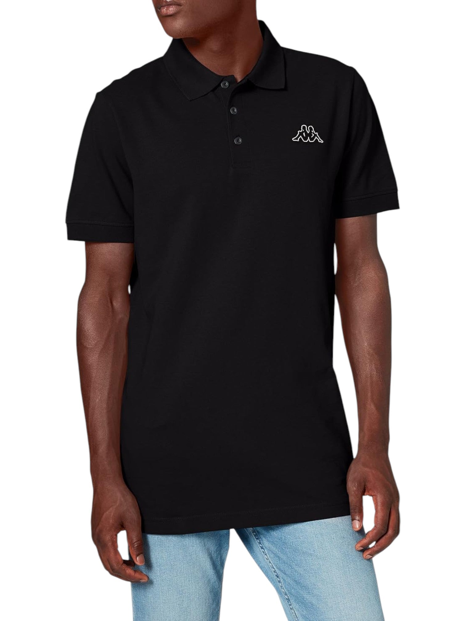 Person wearing a black polo shirt with a logo on a white background. Kappa, Monza Outlet, Monza Fashion, Shein Outlet
