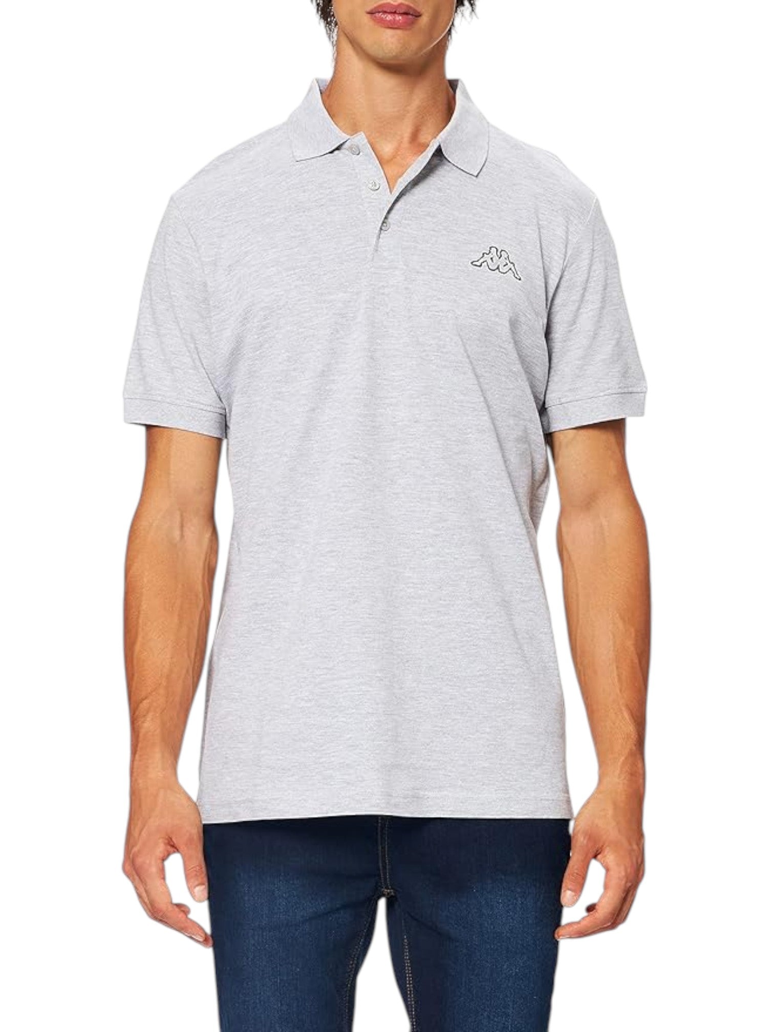 Man wearing a gray polo shirt with a small logo on a white background. Kappa, Monza Outlet, Monza Fashion, Shein Outlet