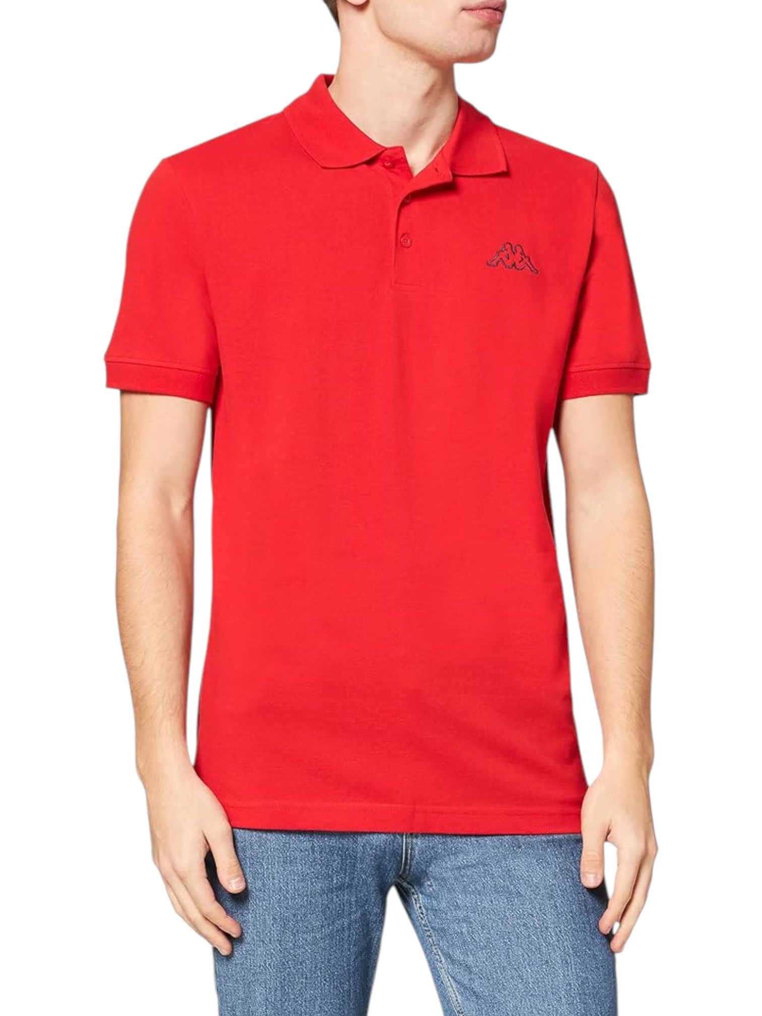 Red polo shirt with a brand logo worn by a person on a white background. Kappa, Monza Outlet, Monza Fashion, Shein Outlet