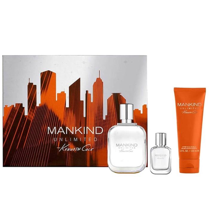 Kevyn Aucoin Mankind Unlimited perfume set with cityscape packaging Kenneth Cole Monza Outlet