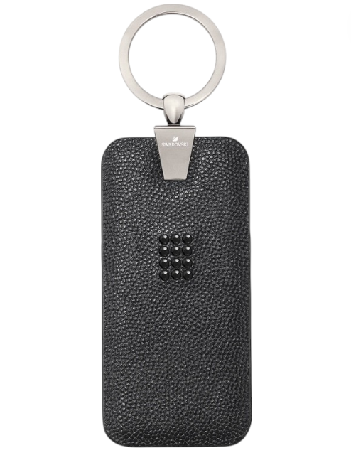 Black textured keychain with a silver ring and brand logo on a white background