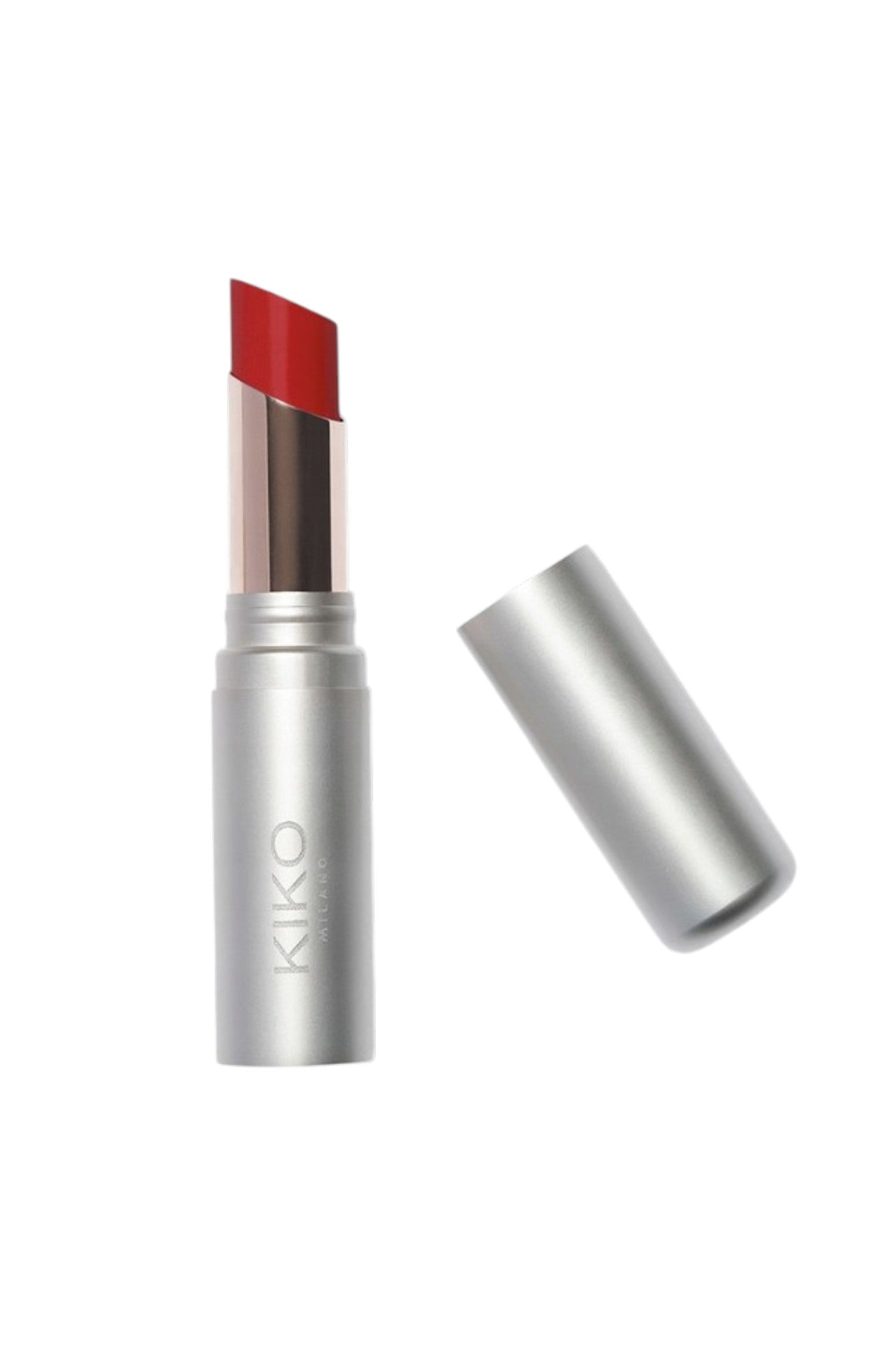 Red lipstick with silver casing on a white background, featuring the Kiko brand. Kiko, Monza Outlet, Monza Fashion, Shein Outlet
