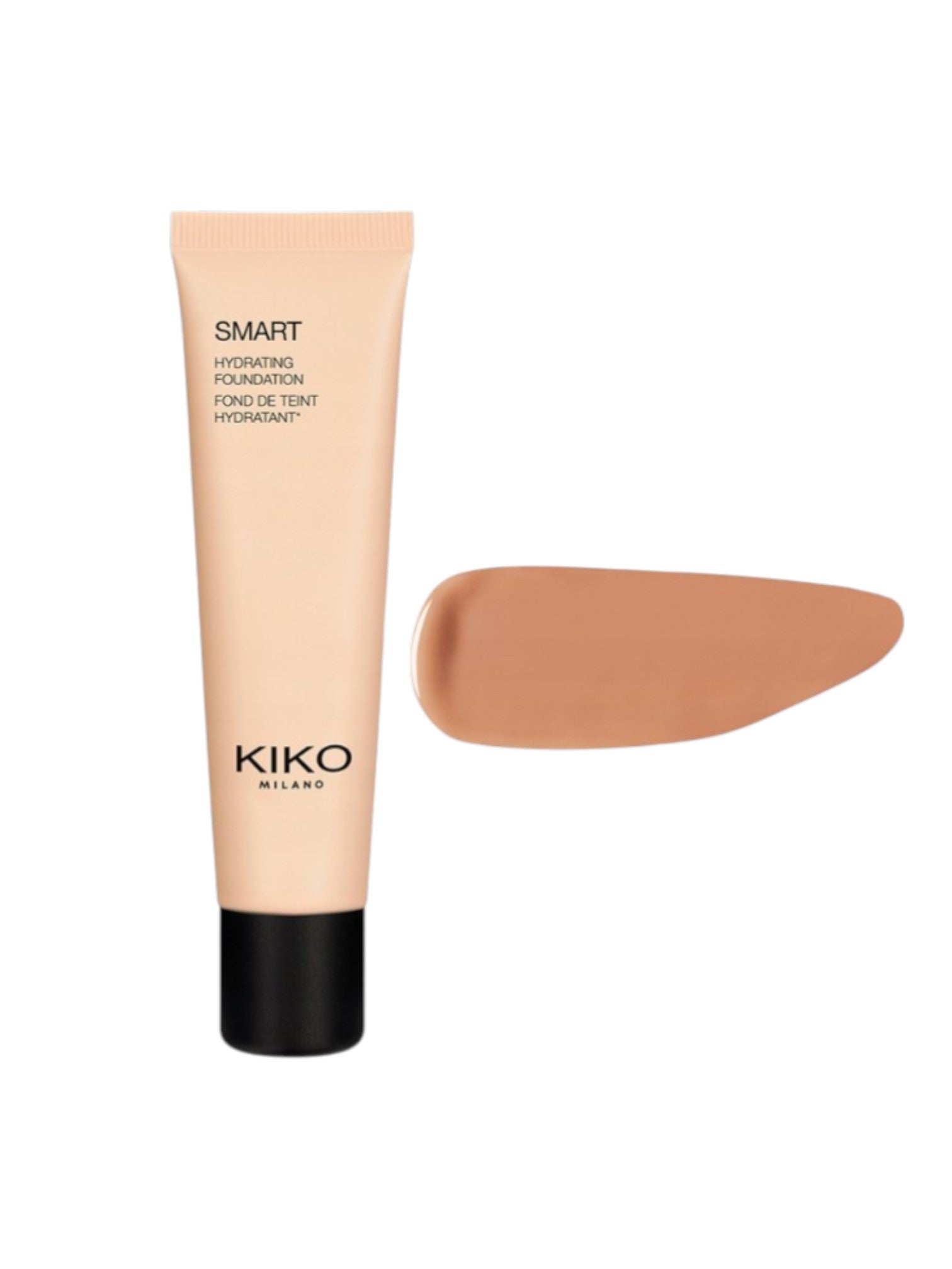 Kiko Milano Smart Hydrating Foundation tube with color swatch on a white background. Kiko, Monza Outlet, Monza Fashion, Shein Outlet