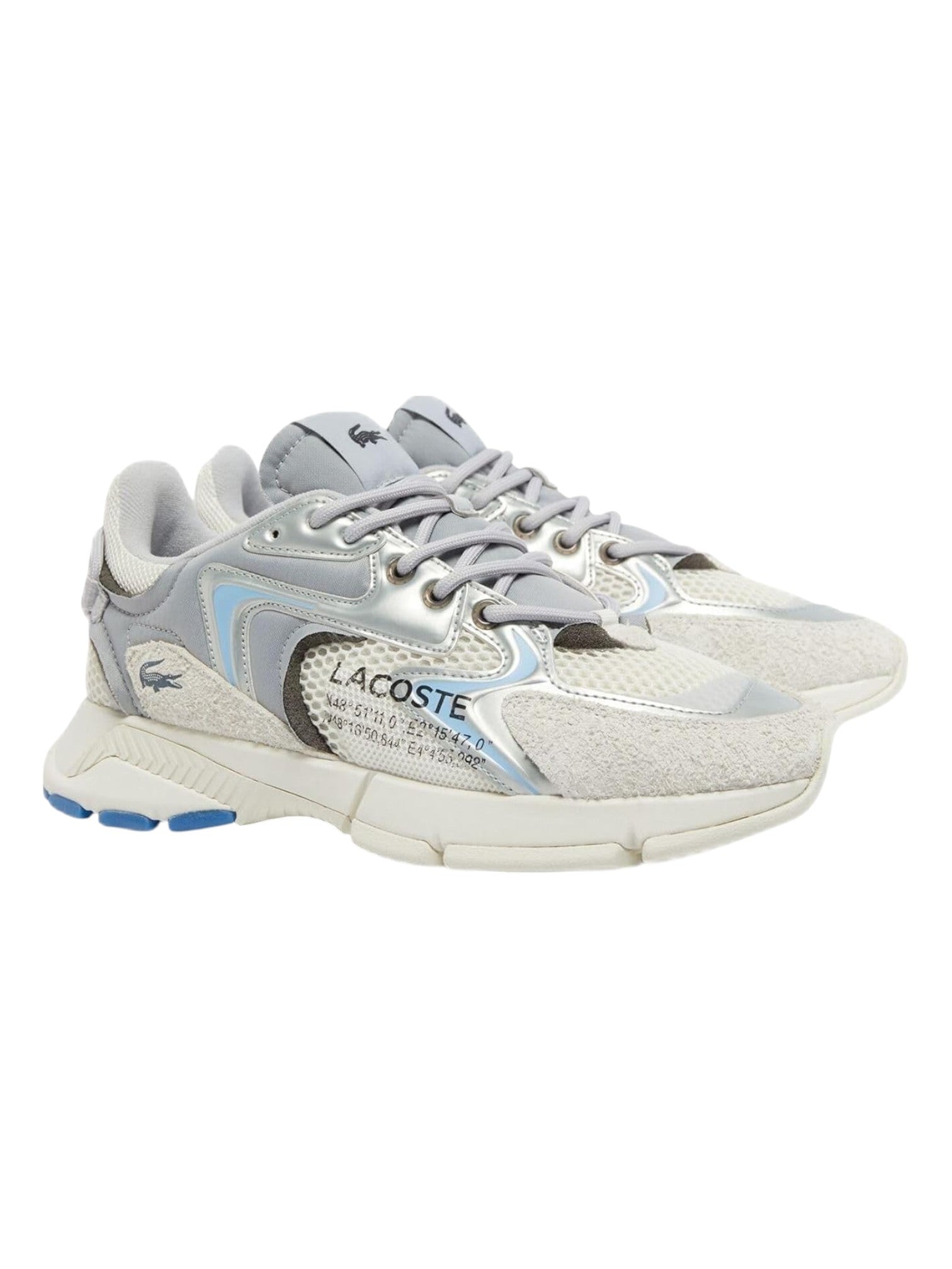 Gray and blue Lacoste sneakers on a white background Lacoste Monza Outlet Monza Italy