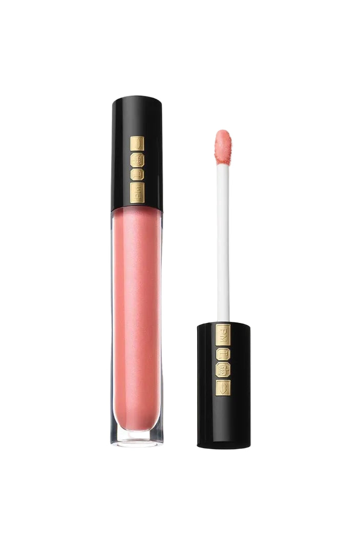 A tube of Pat McGrath Labs LUST: Gloss in Peach Perversion with a precision applicator, showcasing a pale peach shade with a glossy finish. Monza Outlet