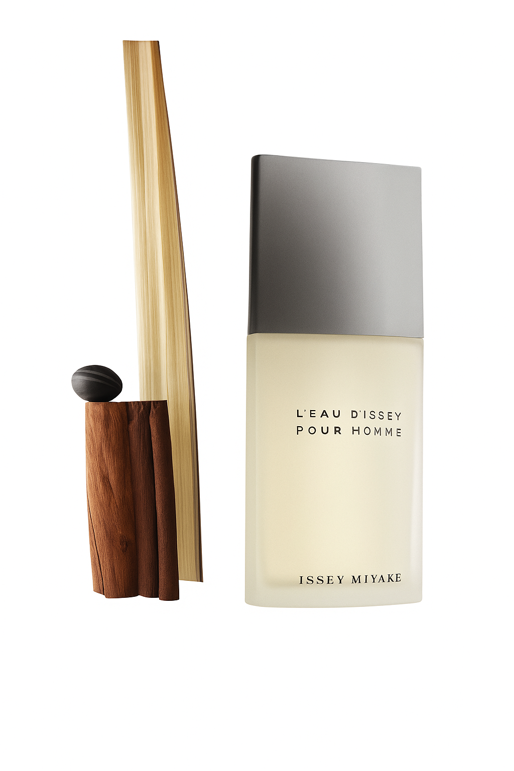 Issey Miyake L'Eau D'Issey Pour Homme perfume bottle with wooden cap on a white background Issey Miyake Monza Outlet
