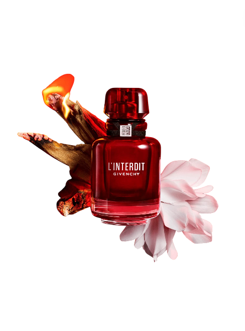 Red Givenchy perfume bottle with floral elements on a white background Monza Outlet