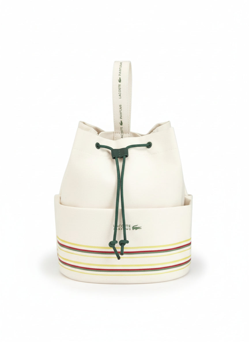 White bucket bag with colorful stripes and green drawstring on a white background. Lacoste, Monza Outlet, Monza Fashion, Shein Outlet