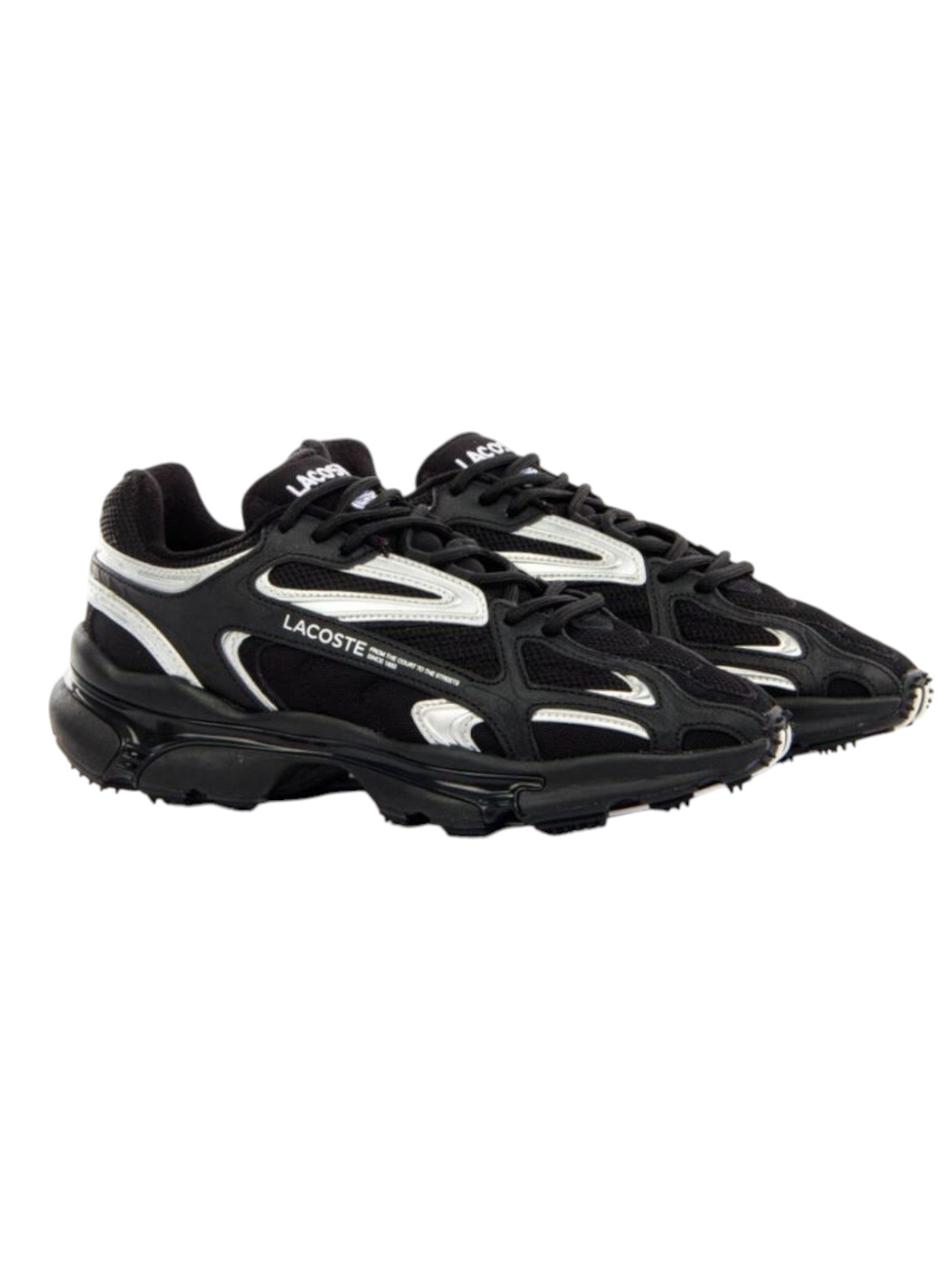 Black and white Lacoste sneakers on a white background. Lacoste, Monza Outlet, Monza Fashion, Shein Outlet