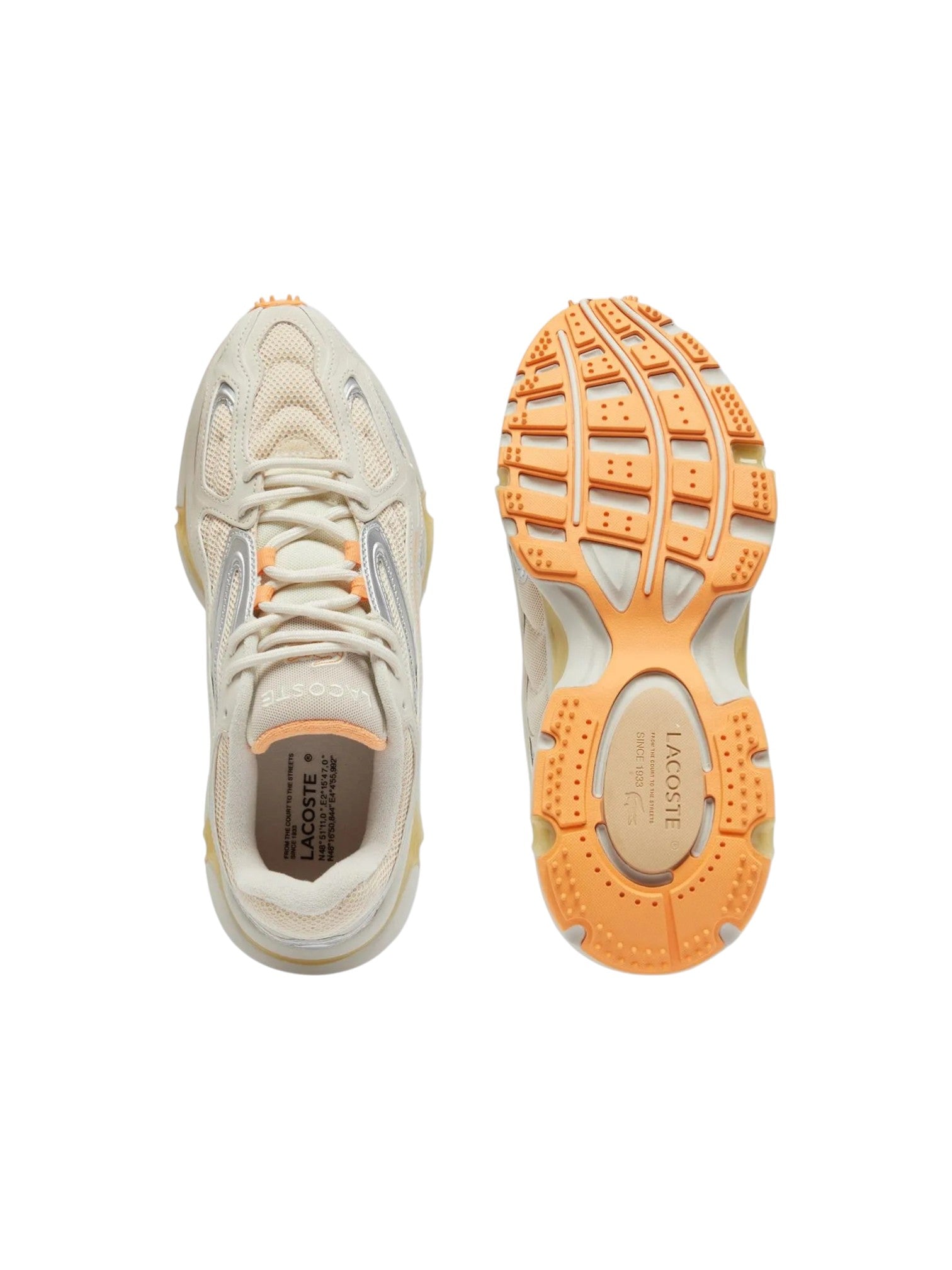 Beige sneaker with orange sole on a white background. Lacoste, Monza Outlet, Monza Fashion, Shein Outlet