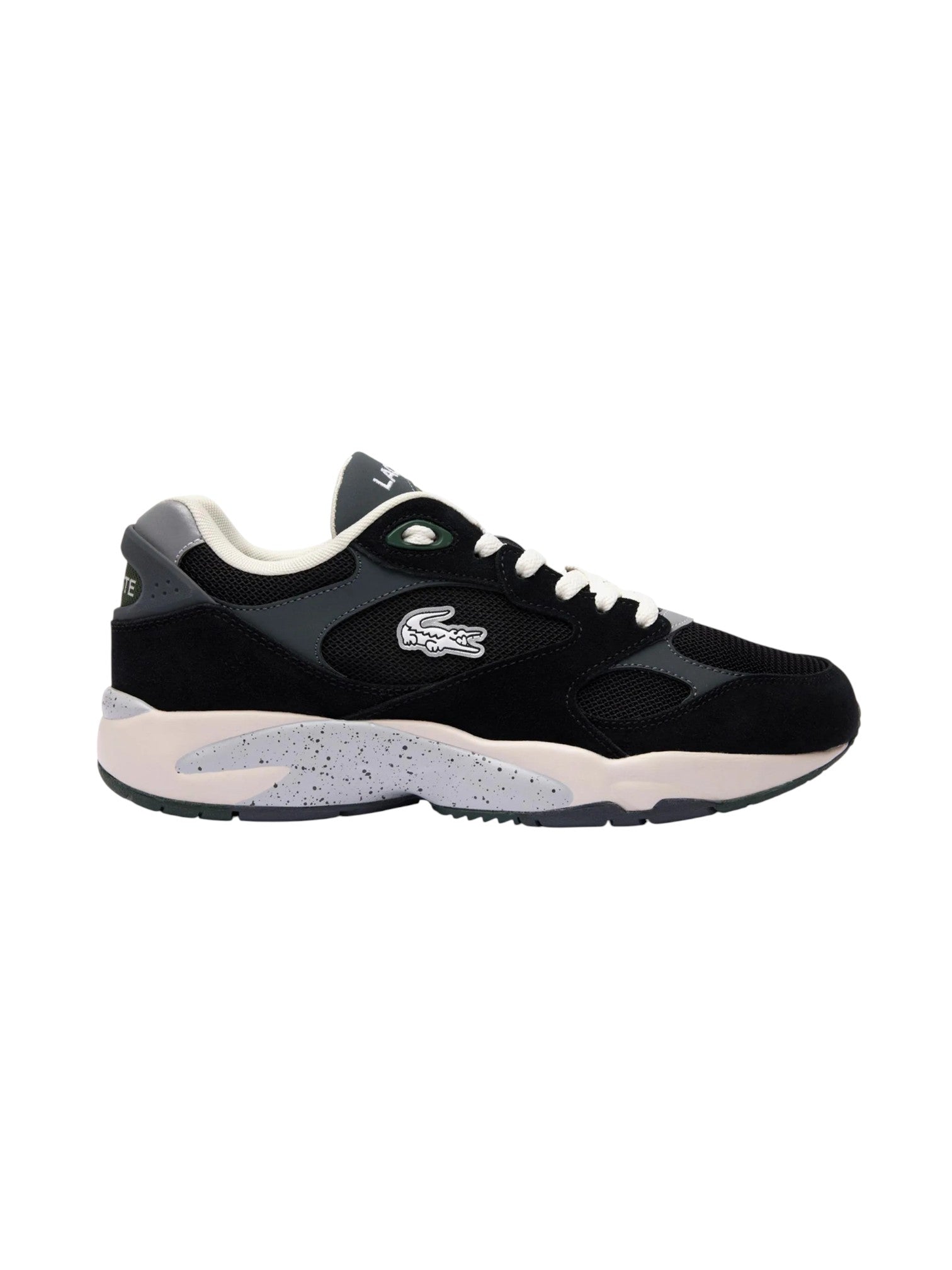 Black and white sneaker with a brand logo on a white background. Lacoste, Monza Outlet, Monza Fashion, Shein Outlet