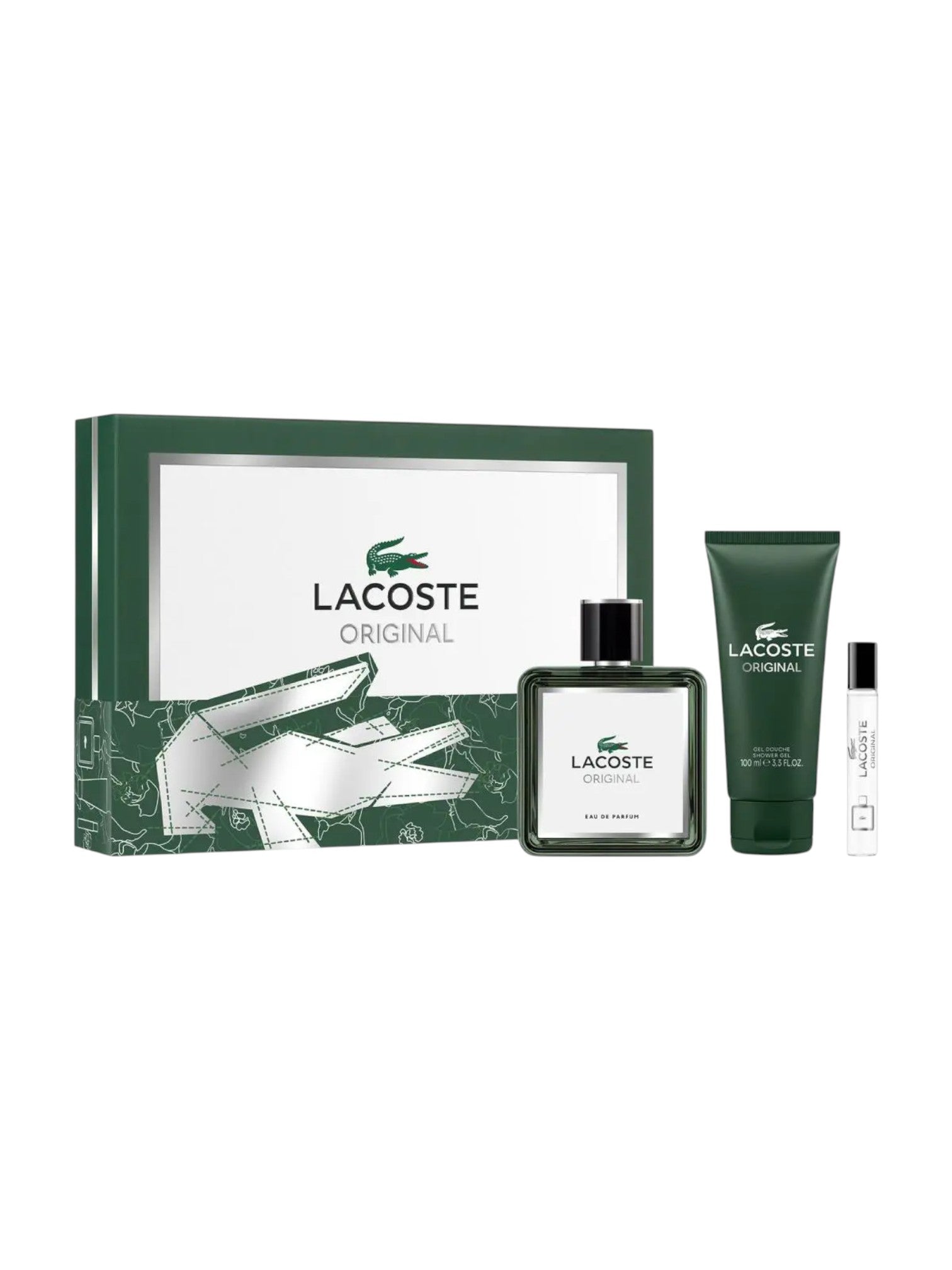 Lacoste perfume set with bottle, lotion, and small bottle on a white background. Lacoste, Monza Outlet, Monza Fashion, Shein Outlet