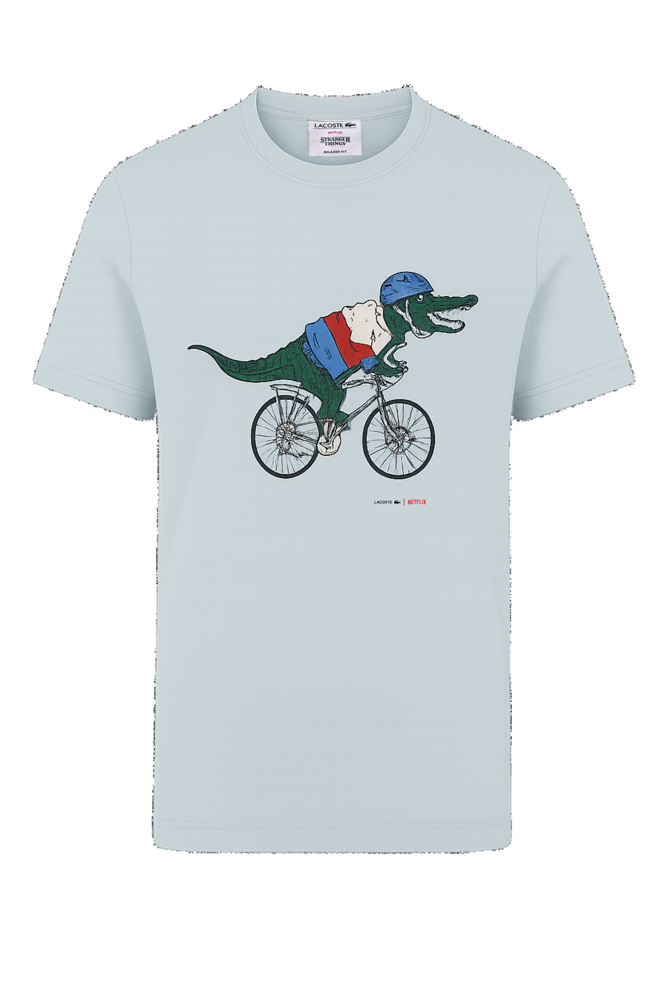 Light blue t-shirt with a dinosaur riding a bicycle graphic on a white background Lacoste Monza Outlet Monza Italy