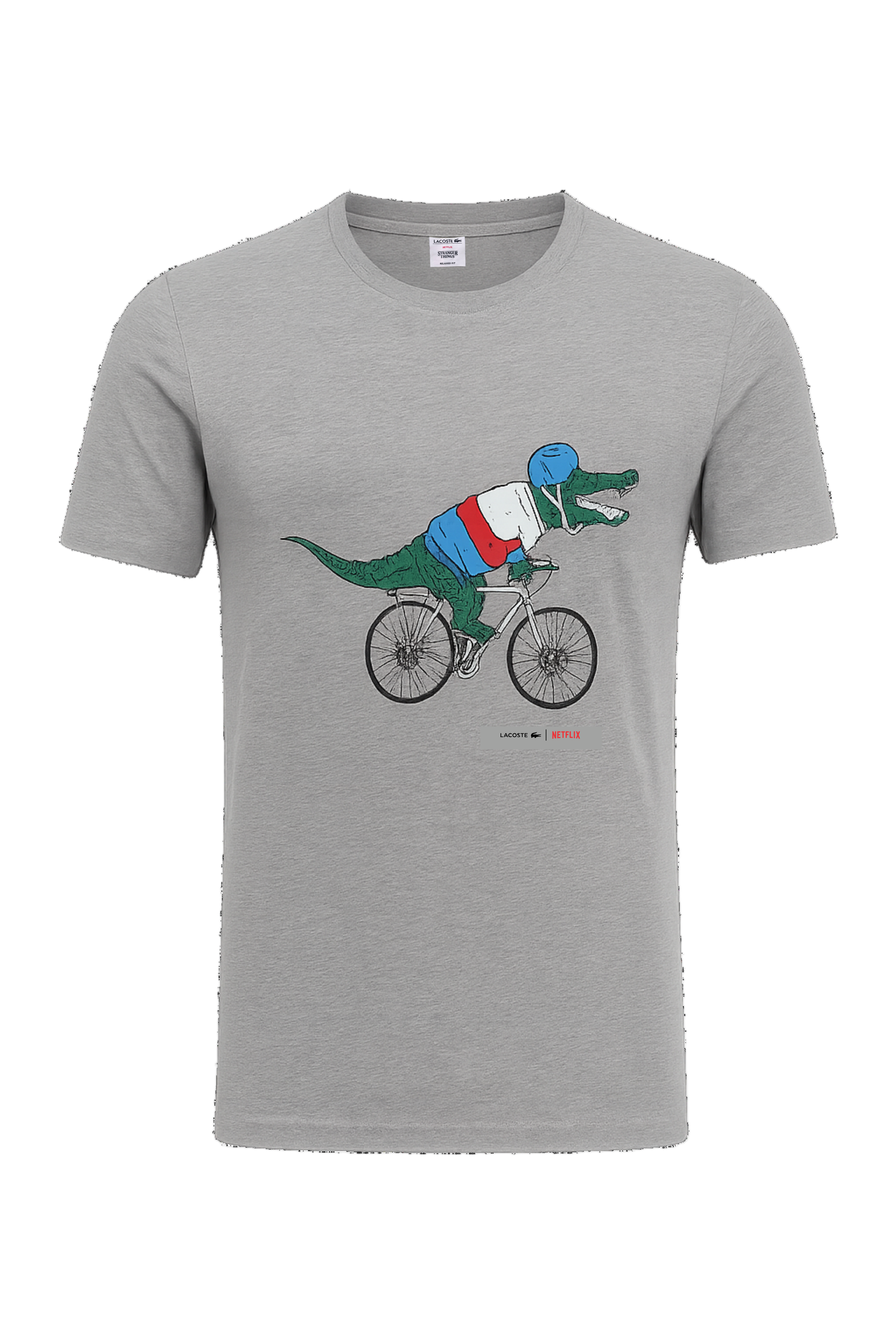 Gray t-shirt with a dinosaur riding a bicycle graphic on a white background Lacoste Monza Outlet Monza Italy