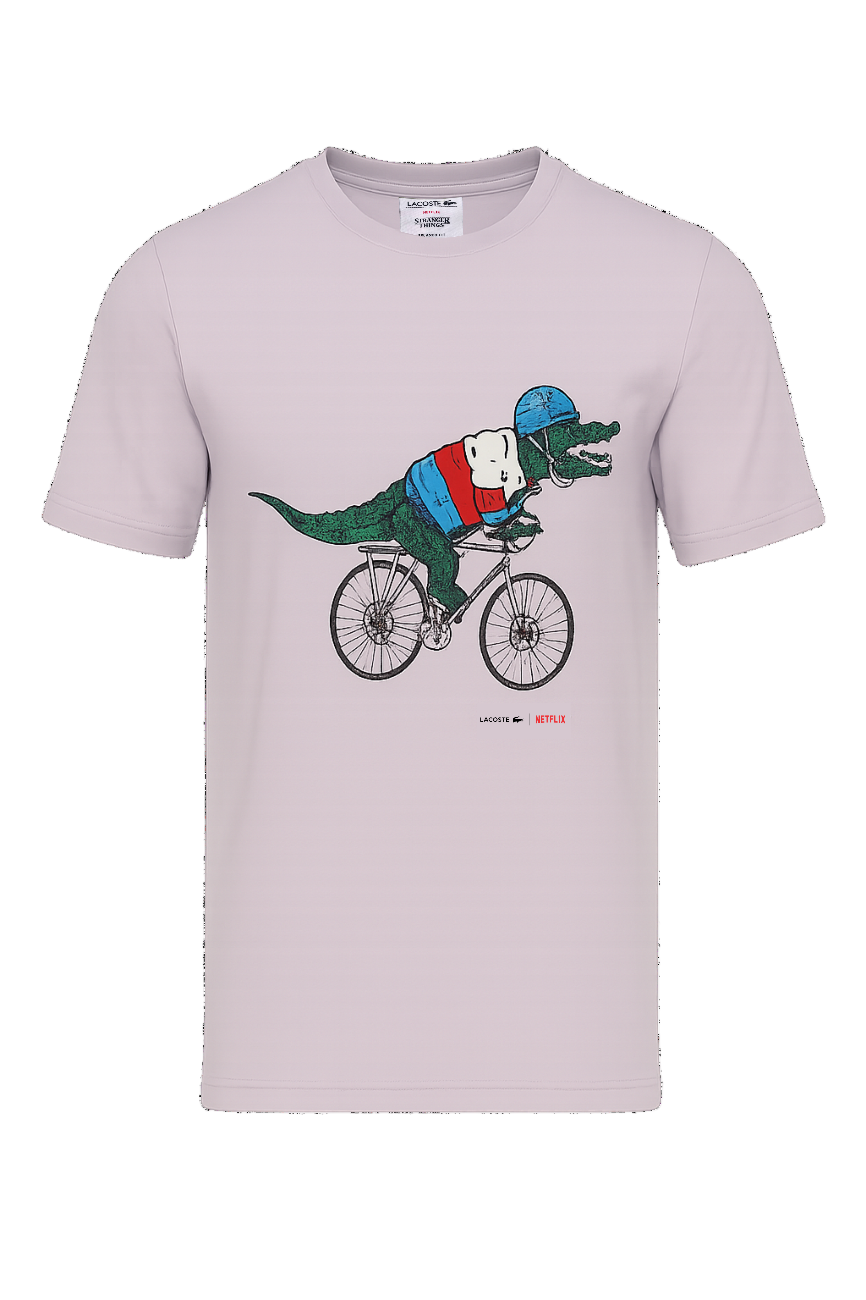 Light purple t-shirt with a dinosaur riding a bicycle graphic on a white background Monza Outlet Monza Italy