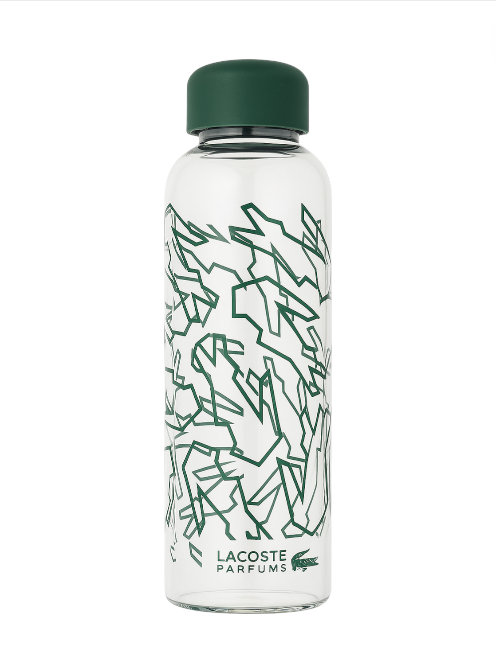 White water bottle with green design and Lacoste Parfums branding on a white background Lacoste Monza Outlet Monza Italy
