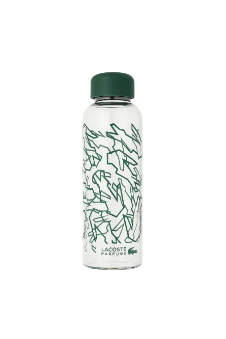 White water bottle with green design and Lacoste Parfums branding on a white background Lacoste Monza Outlet Monza Italy
