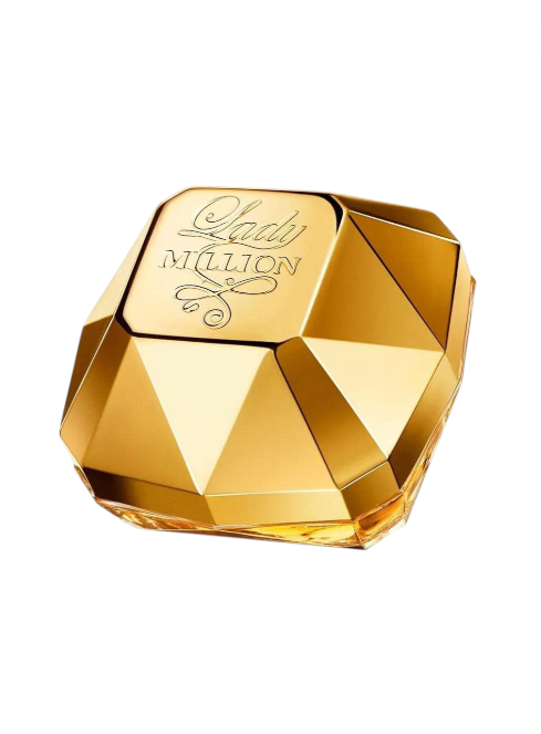 Gold perfume bottle with Lady Million branding on a white background Monza Outlet, Monza Fashion, Shein Outlet