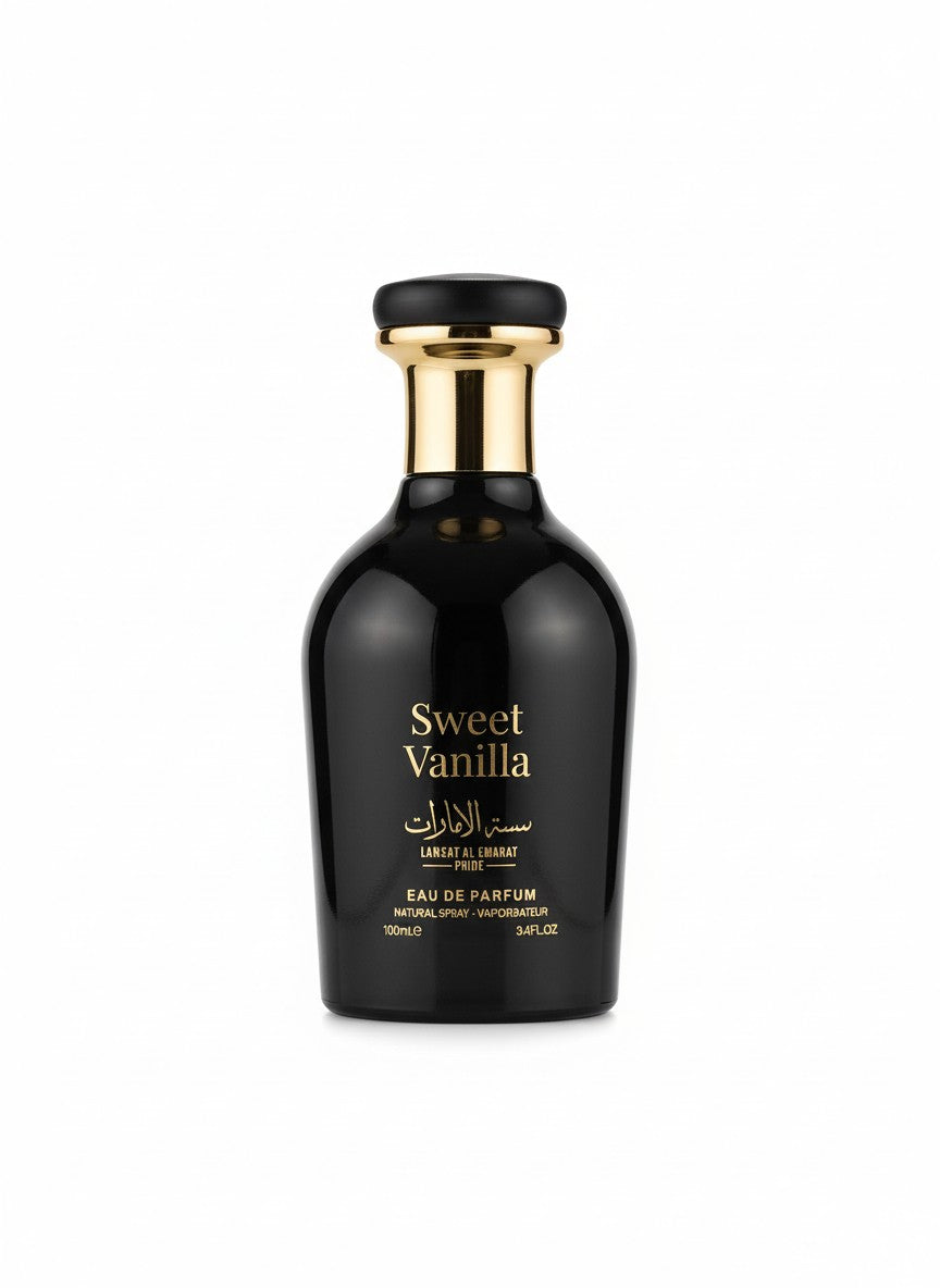 Black perfume bottle with gold cap labeled 'Sweet Vanilla' on a white background. Al Emarat, Monza Outlet, Monza Fashion, Shein Outlet
