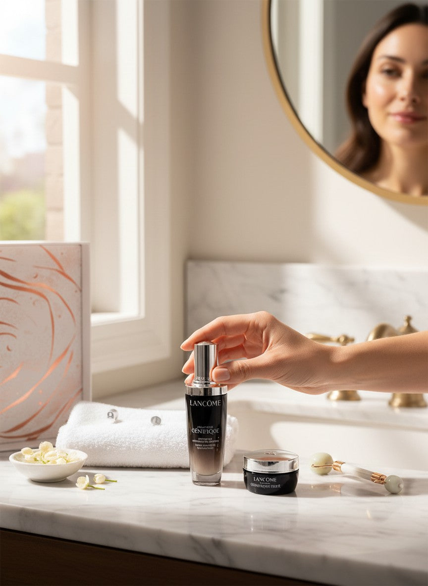Woman applying Lancème skincare product in front of a mirror. Lancome, Monza Outlet, Monza Fashion, Shein Outlet