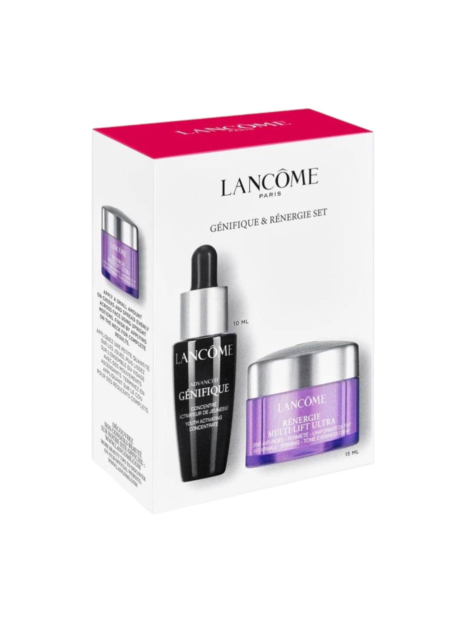 Lancème skincare set with bottle, jar, and box on a white background. Lancome, Monza Outlet, Monza Fashion, Shein Outlet