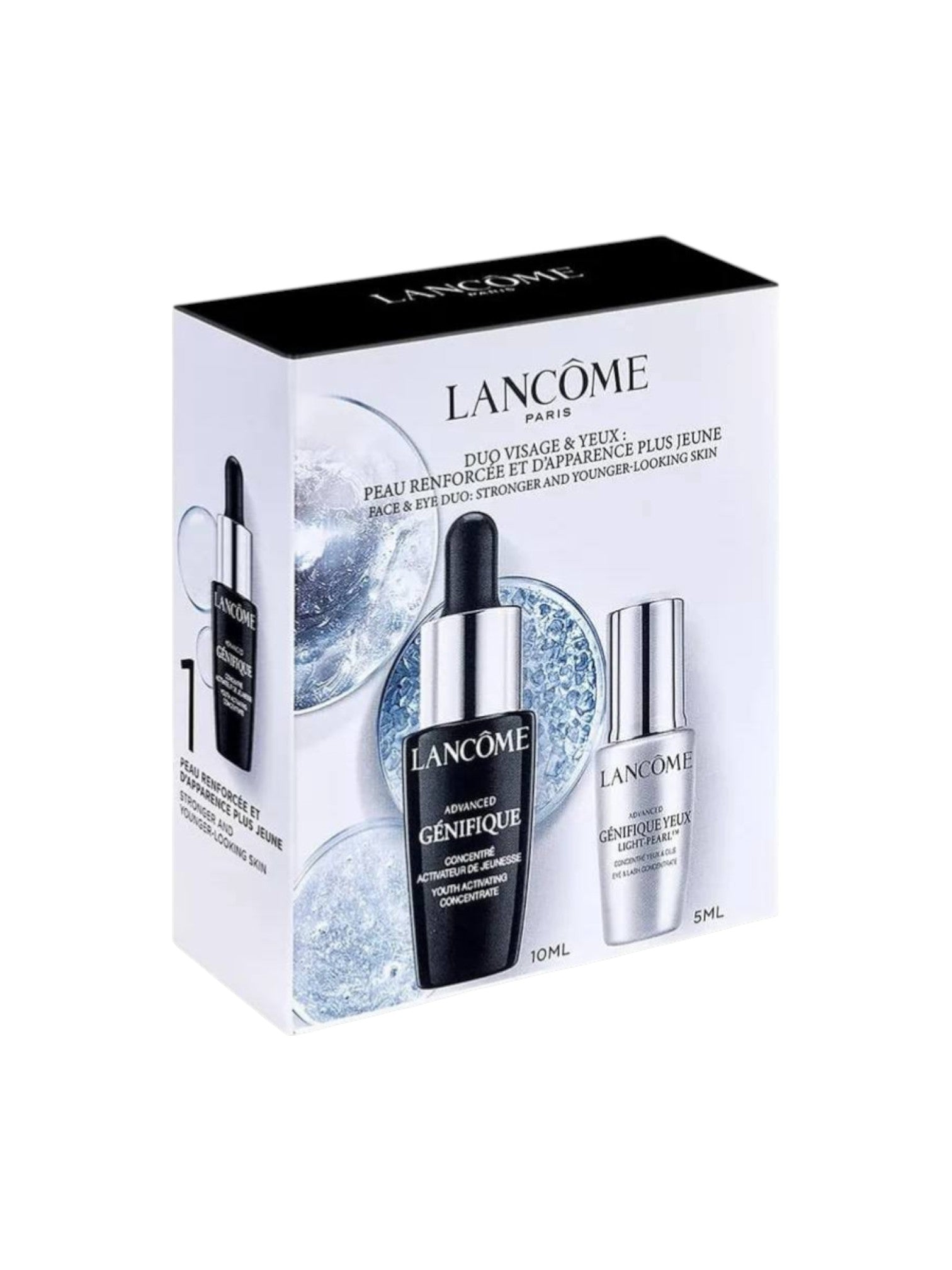 Lancème skincare set with two bottles and a box on a white background. Lancome, Monza Outlet, Monza Fashion, Shein Outlet