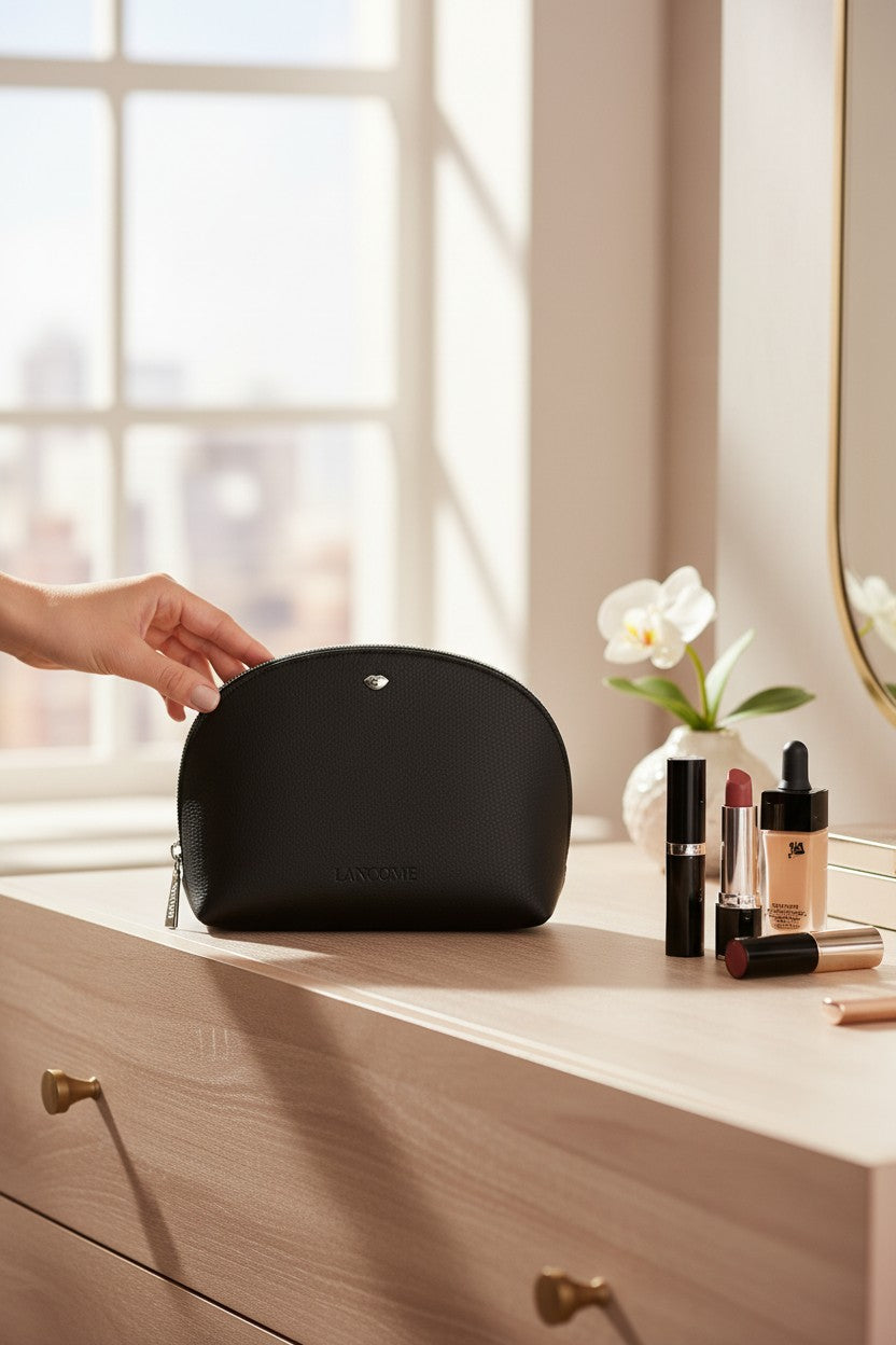 Black cosmetic bag on a dresser with makeup items and a window in the background. Lancome, Monza Outlet, Monza Fashion, Shein Outlet