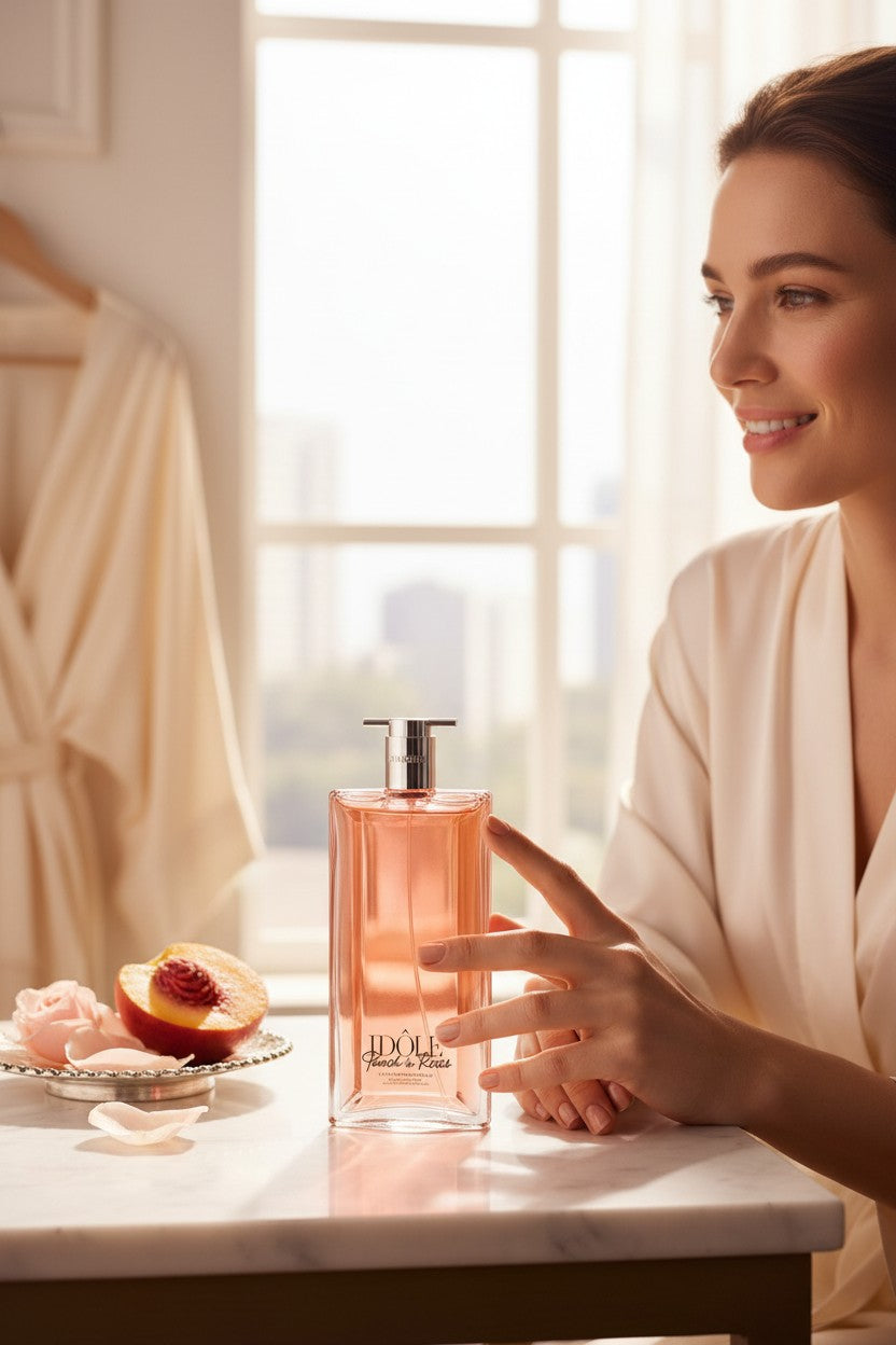 Woman holding a pink perfume bottle in a bright room with a window. Lancome, Monza Outlet, Monza Fashion, Shein Outlet