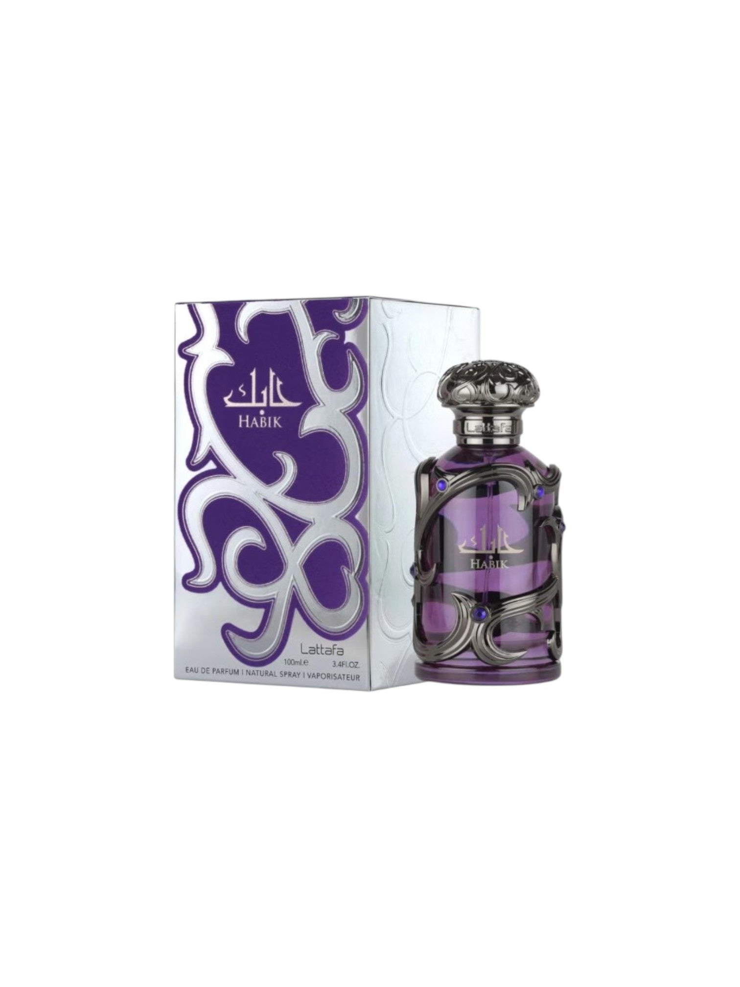 Perfume bottle with purple design and decorative box on a white background. Lattafa, Monza Outlet, Monza Fashion, Shein Outlet