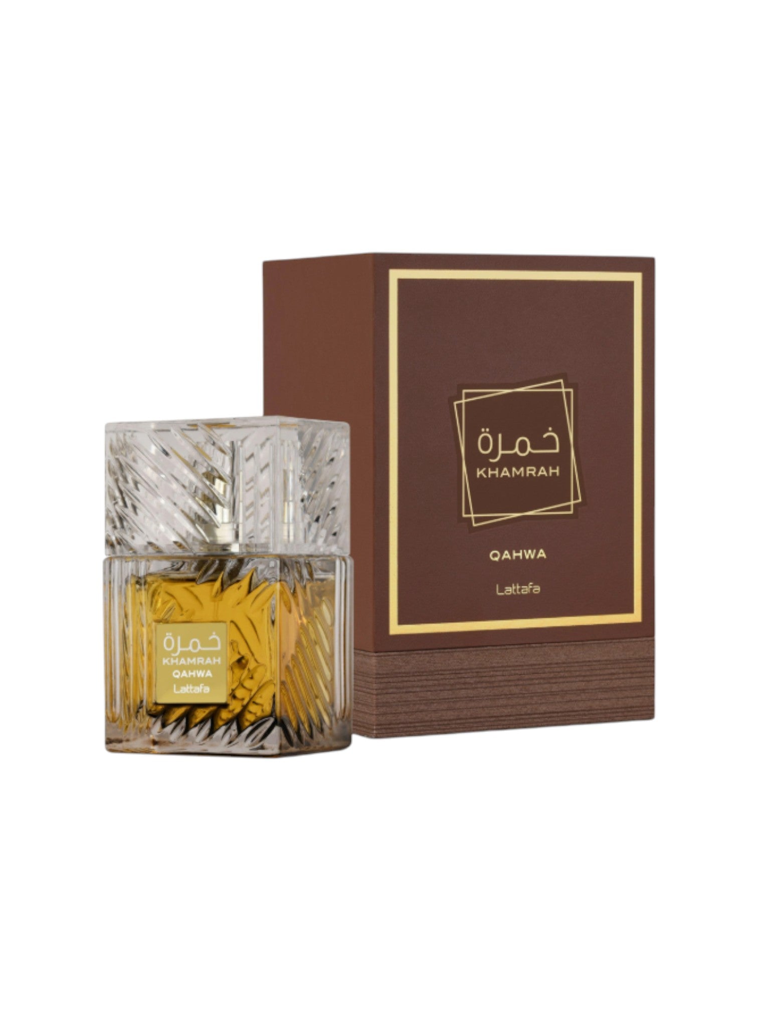 Perfume bottle and packaging with 'Khamrah' branding on a white background. Lattafa, Monza Outlet, Monza Fashion, Shein Outlet