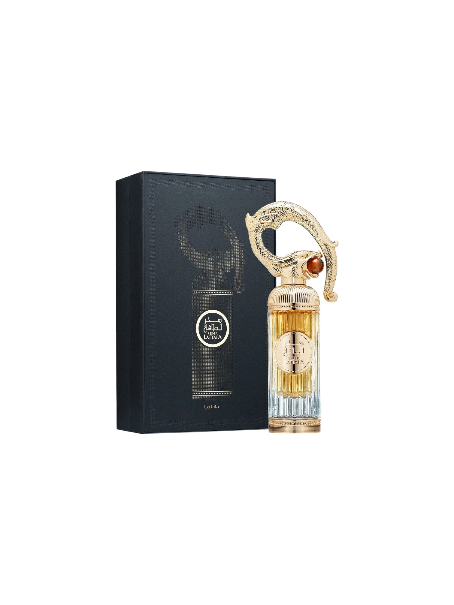 Perfume bottle with decorative cap and black box on a white background. Lattafa, Monza Outlet, Monza Fashion, Shein Outlet