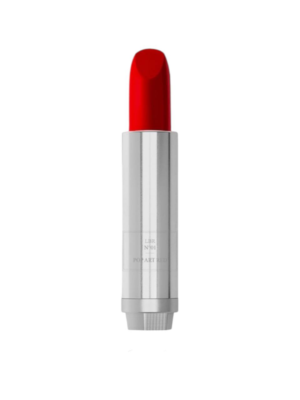 Red lipstick with silver casing on a white background