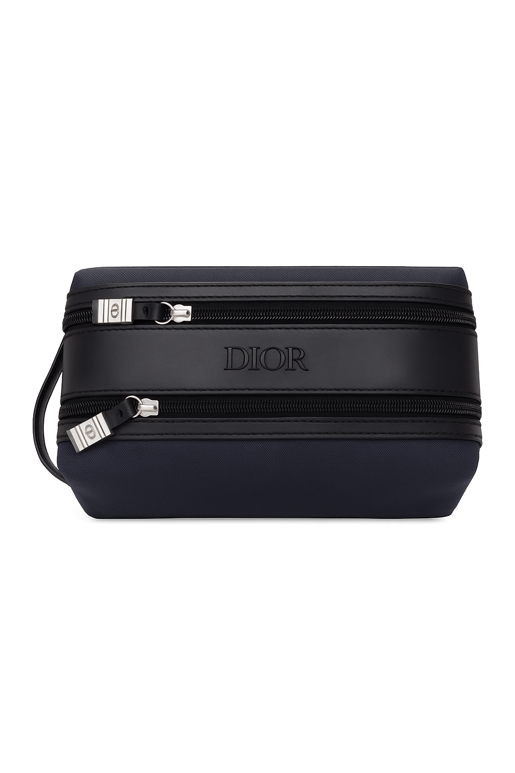 Black Dior cosmetic bag on a white background. Monza Outlet