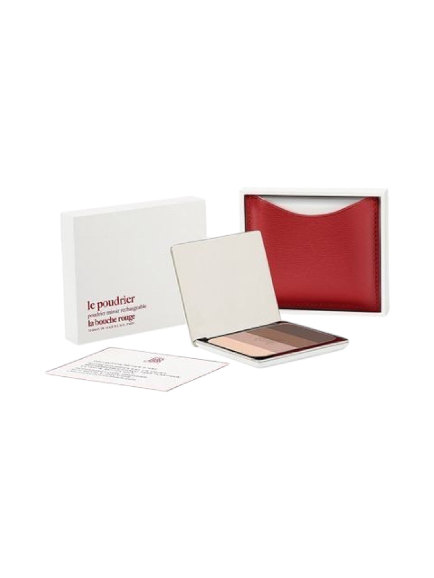 Makeup palette with a red pouch and white box on a white background