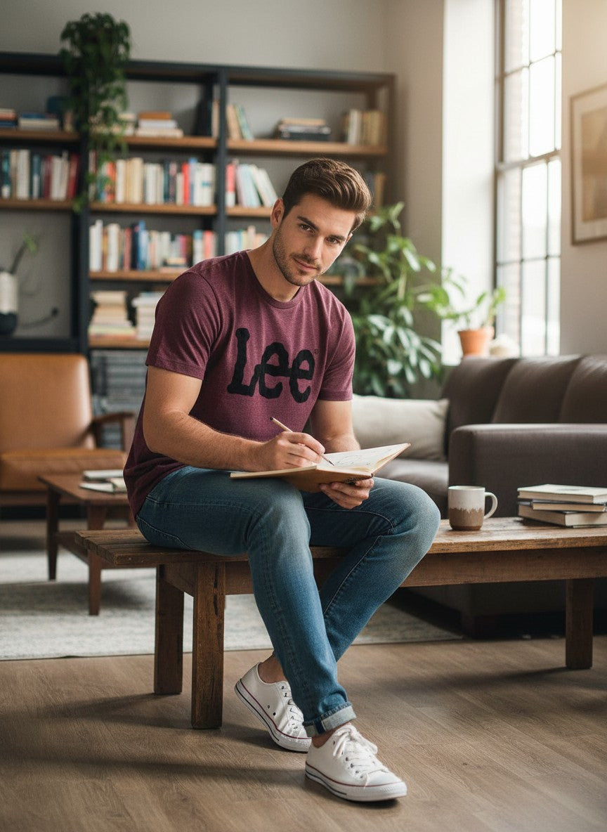 Man sitting on a wooden stool in a living room, writing in a notebook. Lee, Monza Outlet, Monza Fashion, Shein Outlet