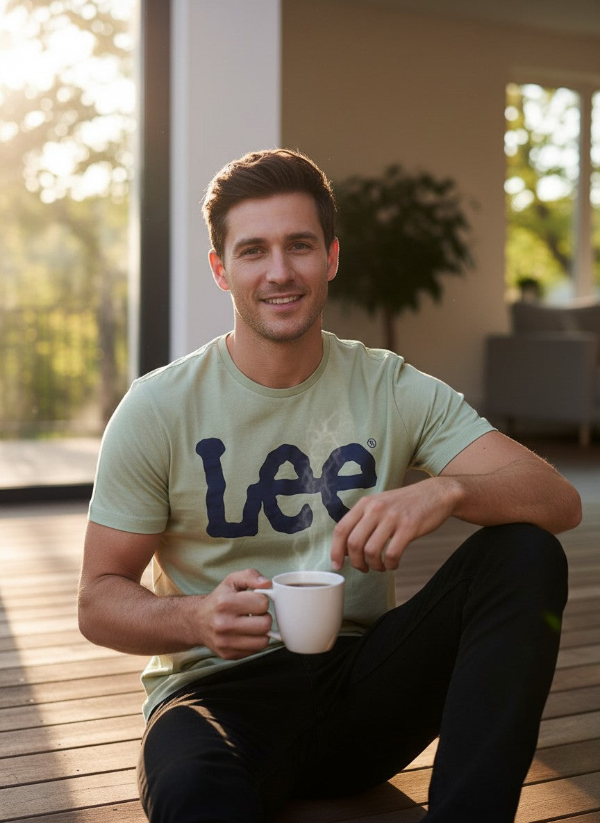 Man sitting outdoors holding a cup, wearing a light green 'Lee' t-shirt. Lee, Monza Outlet, Monza Fashion, Shein Outlet