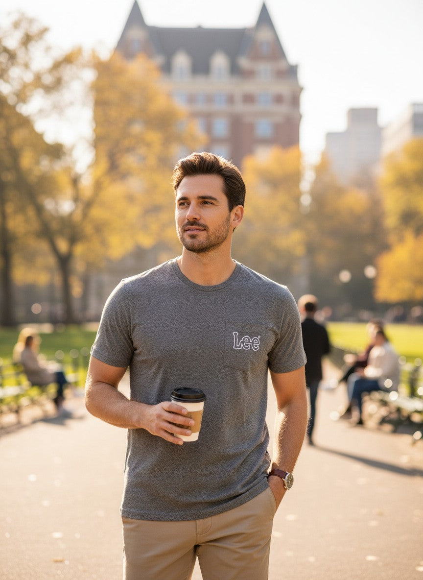 Man walking outdoors in a park holding a coffee cup, wearing a gray t-shirt with 'Lacoste' branding. Lee, Monza Outlet, Monza Fashion, Shein Outlet , Monza Outlet, Monza Fashion, Shein Outlet