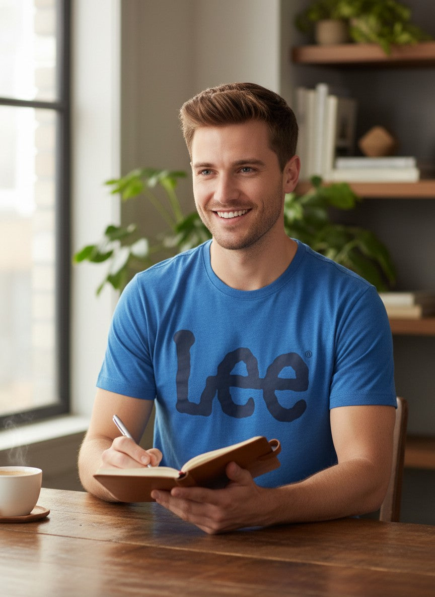 Man in a blue 'Lee' t-shirt sitting at a table with a notebook and pen, smiling. Lee, Monza Outlet, Monza Fashion, Shein Outlet