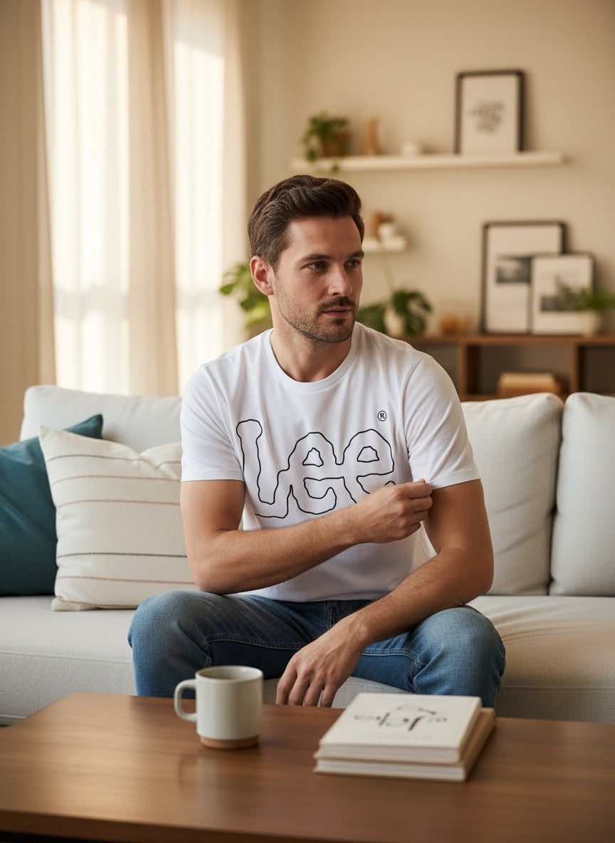 Man sitting on a couch wearing a Lee t-shirt with a cup and books on a table in front of him. Lee, Monza Outlet, Monza Fashion, Shein Outlet