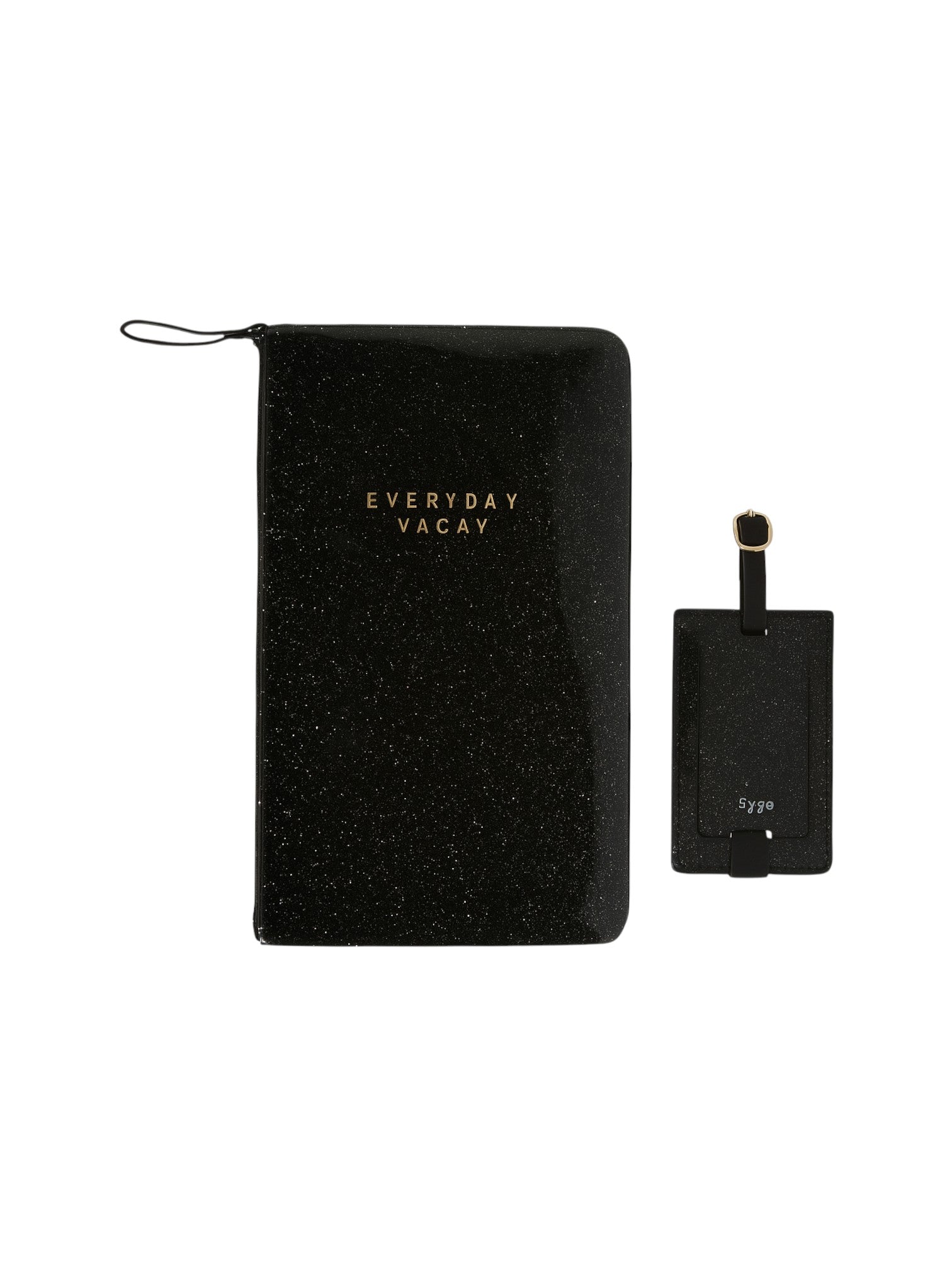 Black travel pouch with EVERYDAY VACAY text and a smaller black device on a white background Monza Outlet