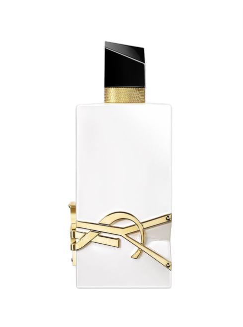 White perfume bottle with gold accents on a white background monza outlet, Shein outlet, monza fashion