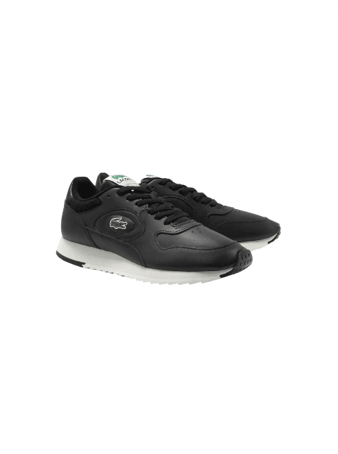 Black sneakers with a brand logo on a white background, Lacoste, Monza Outlet, Monza Fashion, Shein Outlet