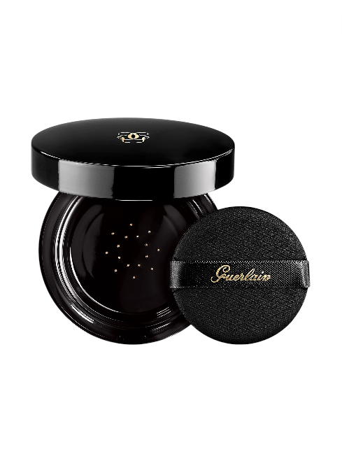 Black Guerlain makeup compact with sponge on a white background. Monza Outlet
