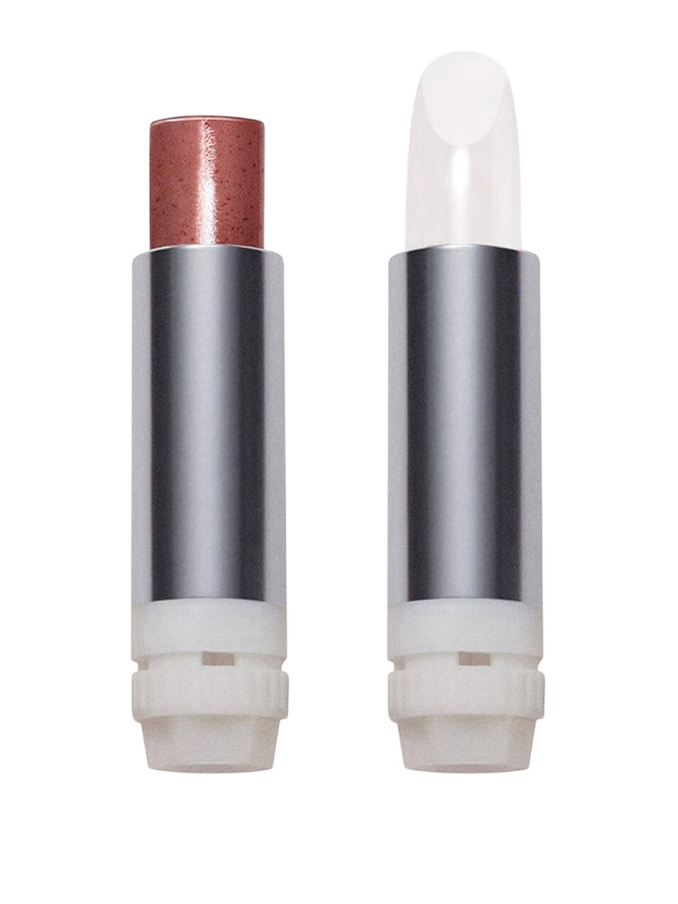 Two lipsticks with silver casings on a white background
