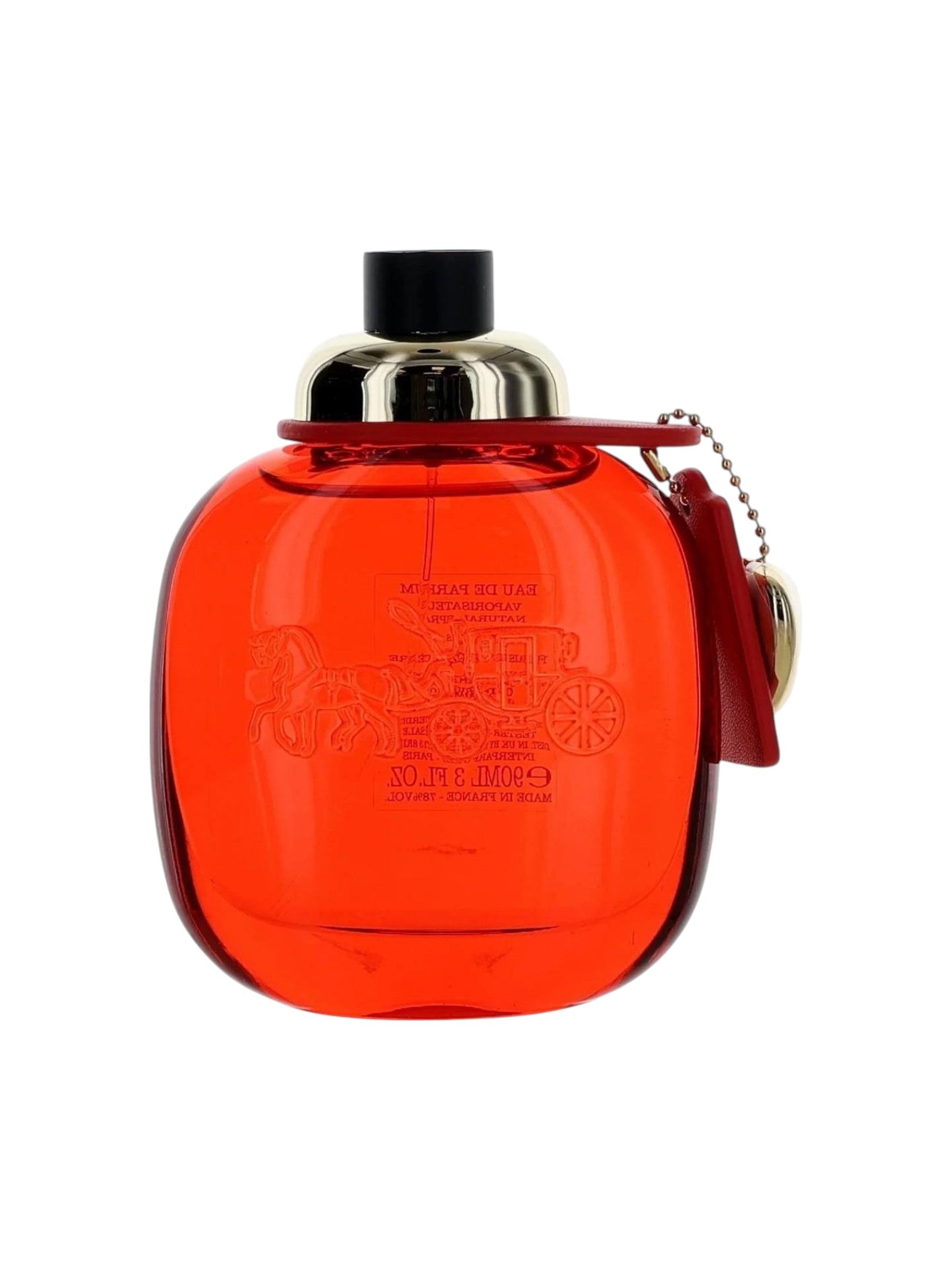Red Coach perfume bottle with black cap on a white background Coach Monza Outlet