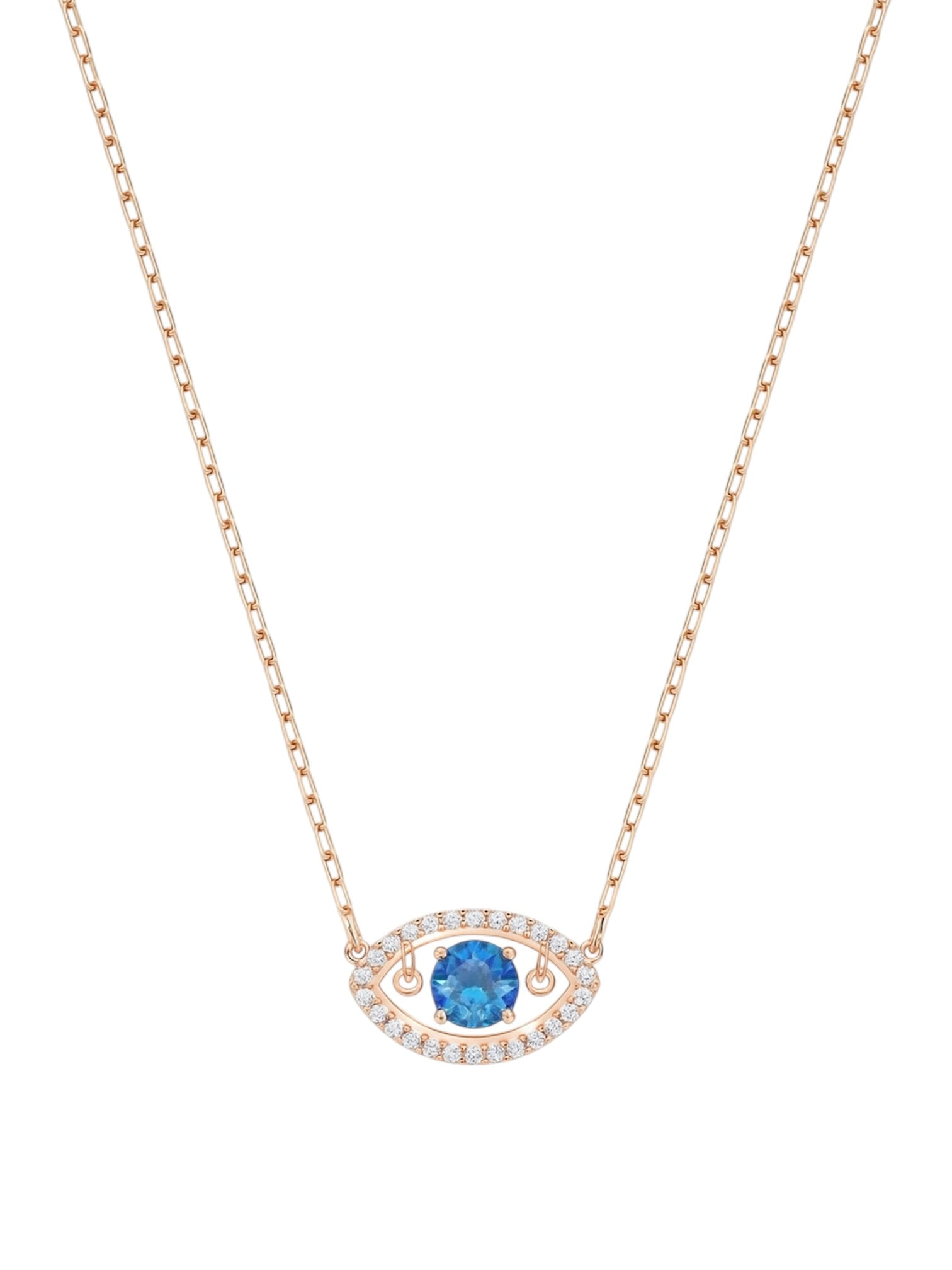 Necklace with a blue gemstone and rose gold chain on a white background Swarovski Monza Outlet