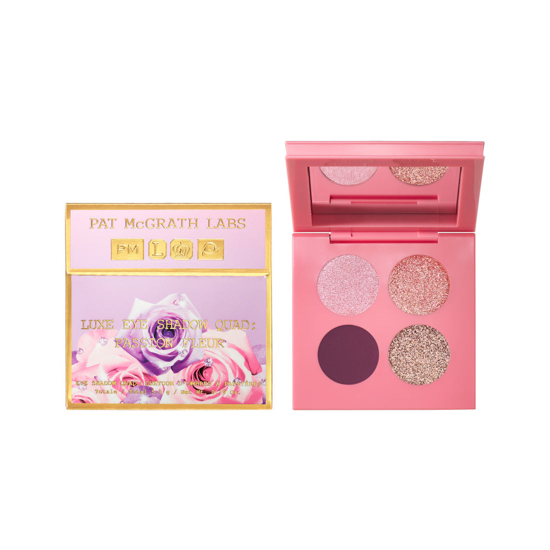 A limited-edition Pat McGrath Labs Luxe Eye Shadow Quad palette with four shades named Passion Fleur. The palette shows a pink color scheme with a mix of matte, shimmer, and metallic finishes. Pat McGrath Labs Monza Outlet