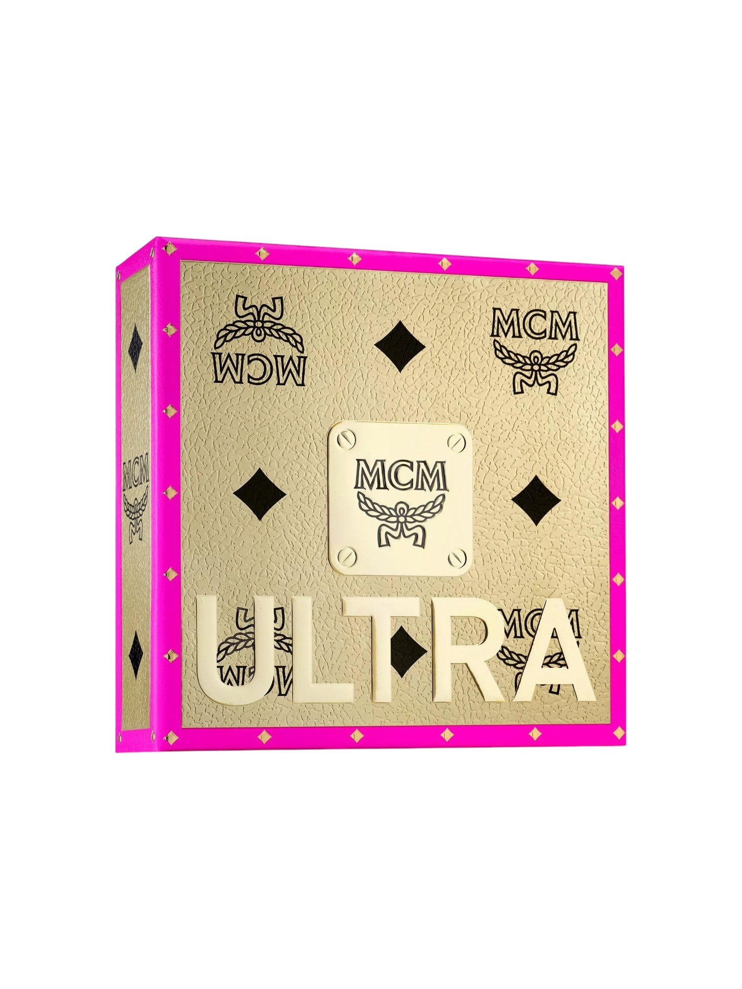 MCM Ultra packaging with pink border and gold accents on a white background. MCM Ultra, Monza Outlet, Monza Fashion, Shein Outlet