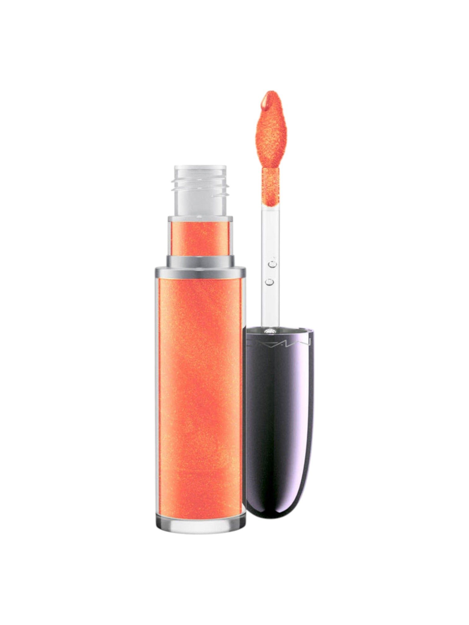 Lip gloss with an orange applicator on a white background. MAC, Monza Outlet, Monza Fashion, Shein Outlet
