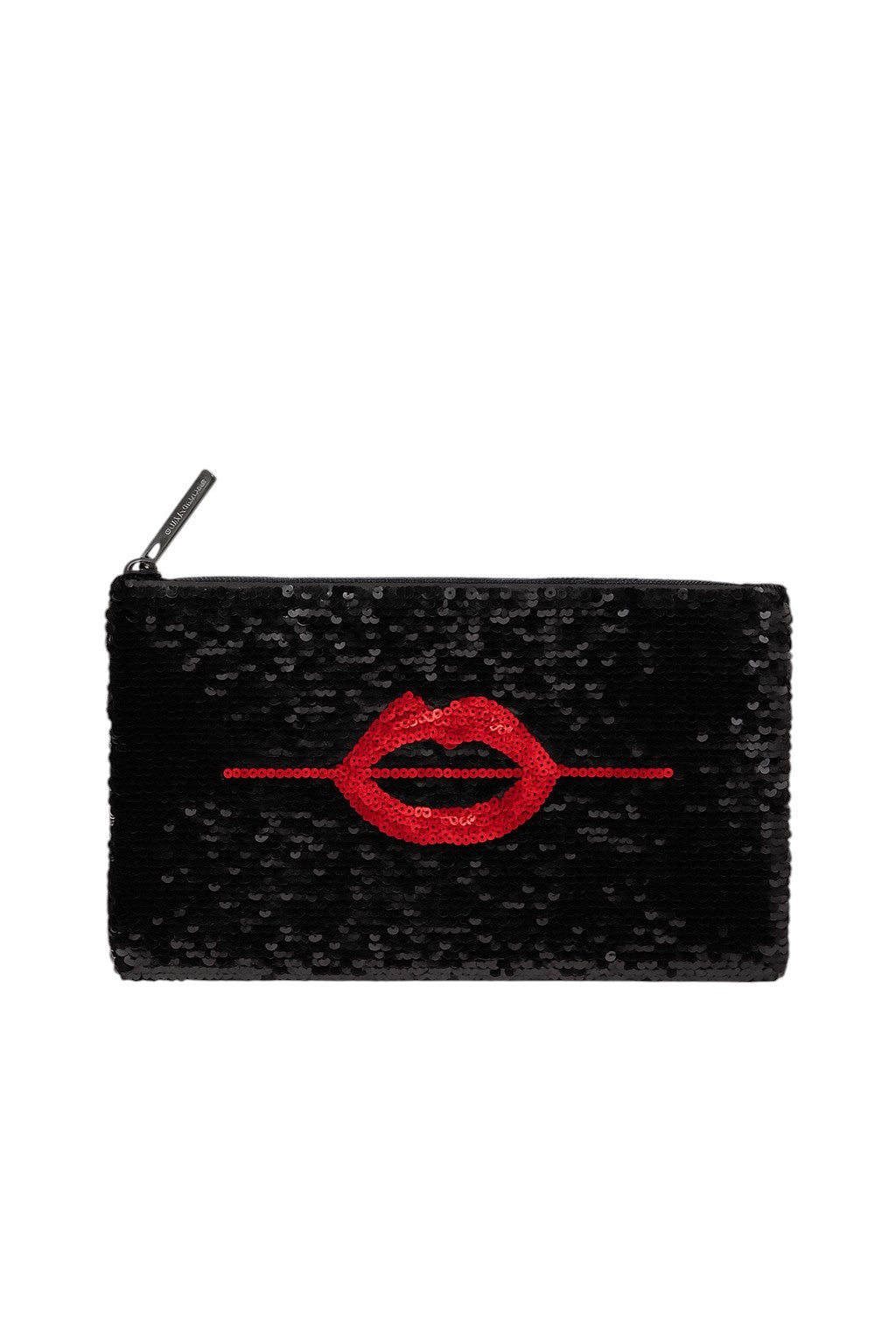 Black pouch with red lips design on a white background Make Up For Ever Monza Outlet